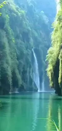 This phone live wallpaper features a picturesque body of water with a mesmerizing waterfall in the background
