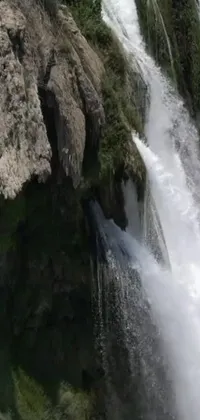 This live wallpaper for phones showcases a beautiful natural scene, featuring a man standing in front of a mesmerizing waterfall
