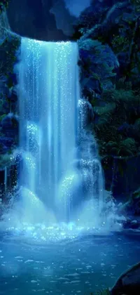 Experience the tranquility of a forest at night with a breathtaking waterfall in the midst