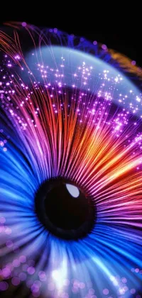 This phone live wallpaper features a close-up of a colorful object on a black background with a focus on the iris and fiber optic hair