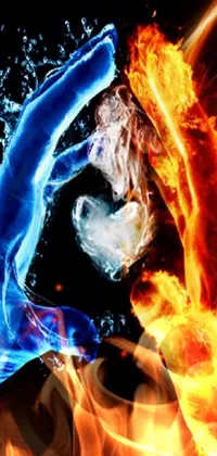 This live phone wallpaper features fiery and cool, orange and blue hands touching, creating a duality of fire and ice