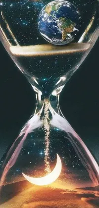 This live phone wallpaper features an hourglass with the earth inside, set against a surreal and fantastical background