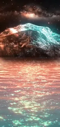 This phone live wallpaper features a mountain rising from a body of water, with iridescent water that shimmers and particle lighting that highlights the textures