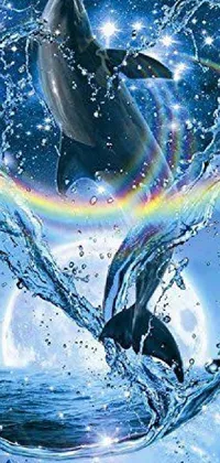 Transform your phone screen into a captivating work of art with this mesmerizing live wallpaper featuring two dolphins in the shape of a heart jumping out of the water against a backdrop of a rainbow