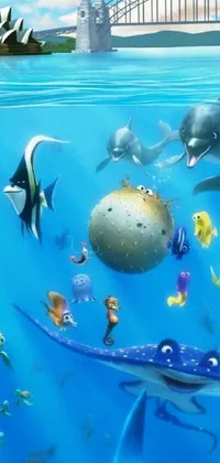 This mesmerizing phone live wallpaper depicts a stunning coat of concept art by Pixar featuring a group of animals scurrying gracefully in the ocean, surrounded by refreshing seaweeds and sparkling bubbles