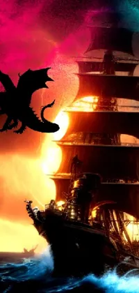 This phone live wallpaper features a stunning scene of a ship sailing through a world of fire and blood with a majestic dragon soaring overhead