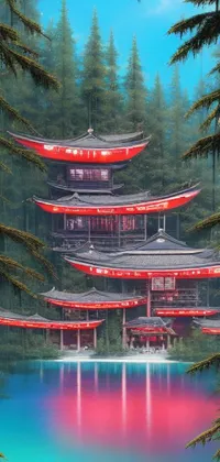 This Phone Live Wallpaper features a picturesque pagoda in the center of a beautifully tranquil lake