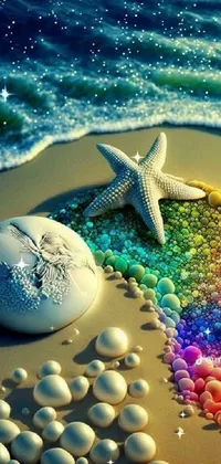 This digital art live wallpaper features an adorable starfish resting on a beach beside the ocean