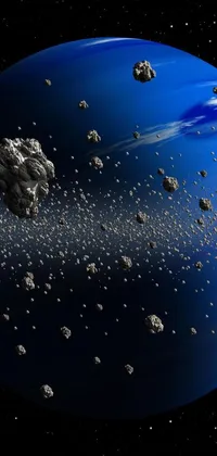 This stunning live wallpaper features an artistic illustration of a blue planet surrounded by asteroids, debris, and space fragments