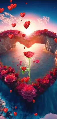 This live phone wallpaper depicts a heart-shaped floral arrangement amidst a calm ocean backdrop
