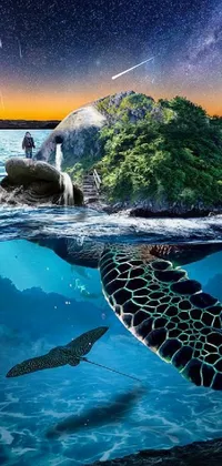 This live phone wallpaper features a stunning digital rendering of a turtle swimming in a body of water