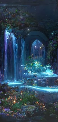 This stunning live phone wallpaper features a fantasy waterfall set in a lush green forest
