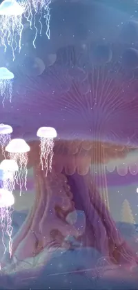 This live wallpaper for your phone showcases an enchanting scene with a group of jellyfish floating on a body of water with vivid and psychedelic colors