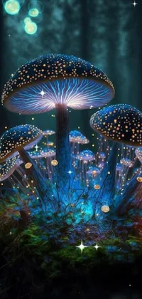 This live wallpaper showcases a mesmerizing digital art of glowing mushrooms atop a green forest landscape