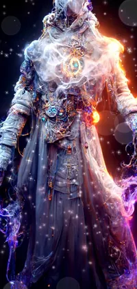 This phone live wallpaper showcases a stunning close-up shot of a mysterious, otherworldly character in an astral witch costume