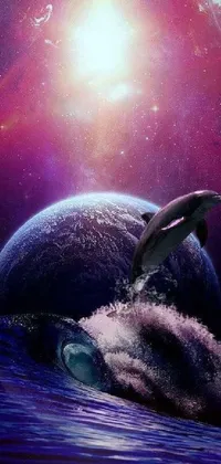 This phone live wallpaper displays a creative digital art piece that exhibits a lively dolphin riding ocean waves against a purplish space background featuring the Earth