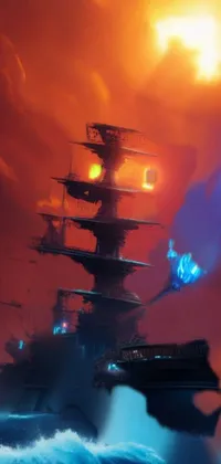 This phone live wallpaper is a stunning concept art of a large pirate ship sailing on calm blue waters under a red eerie sky