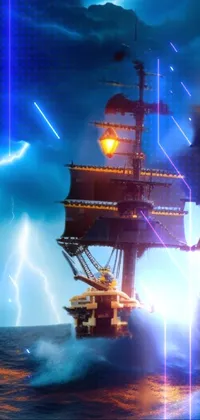 This phone live wallpaper features a stunning digital rendering of a pirate ship on the high seas