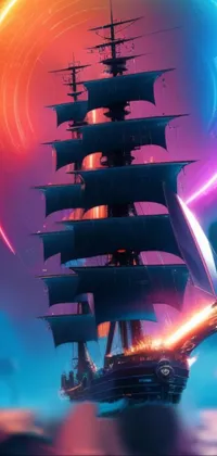 Get lost in an epic adventure with this stunning phone live wallpaper! A majestic ship, outfitted in the vibrant colors of neon-pirate design, floats atop shimmering waves