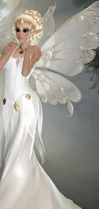 This stunning 3D live wallpaper features a elegant fairy in a white dress with intricate gold and silver wings