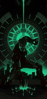This stunning phone live wallpaper features a metallic green armored man standing in front of a clock with intricate details