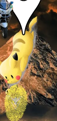 This lively phone live wallpaper features a vibrant digital art composition of a motorcycle rider zooming alongside a huge pikachu