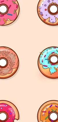 This live wallpaper features six colorful donuts, each adorned with sweet sprinkles