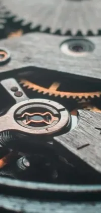 This phone live wallpaper showcases the intricate and beautiful gears of a vintage watch, captured on camera and made into a stunning digital display