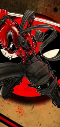 This phone live wallpaper features a striking digital art illustration of a Deadpool-inspired character wielding a sword