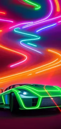 Add a touch of exhilaration to your phone with this HD live wallpaper featuring a sleek green sports car, complemented by neon lights in shades of pink and orange