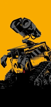 This phone live wallpaper features a black and yellow wall and an amazing robot sitting atop a hill