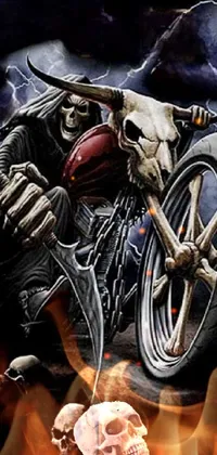 This live wallpaper showcases a gothic style painting of a skeleton riding a motorcycle
