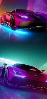 This phone live wallpaper depicts a futuristic city with three vibrant colored cars as the highlight