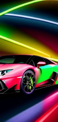Looking for a lively phone wallpaper that is full of color and motion? Check out this amazing neon-colored sports car wallpaper! Featuring a sleek Lamborghini Aventador zooming through a futuristic tunnel, this wallpaper is created using vector art and showcases the car in vibrant technicolor hues