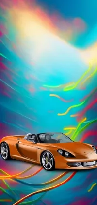 This phone live wallpaper showcases a bright orange sports car on a colorful background