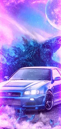 This dynamic phone live wallpaper features a stunning blue Nissan GTR R 3 4 parked in front of a mesmerizing full moon