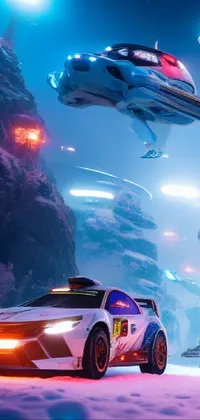 Experience the thrill of a futuristic journey with this phone live wallpaper featuring a car driving down a snow-covered road alongside a stunning spaceship