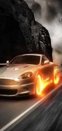 This dynamic phone live wallpaper showcases an impressive car traveling on a curvy road with lightning in the background