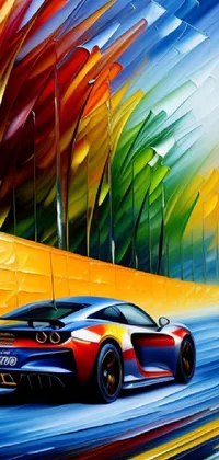 Decorate your phone with this lively and vibrant live wallpaper! Featuring a stunning painting of a sports car speeding down a road, this wallpaper is rendered in bold 4k HD, providing stunning detail and color