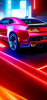 Looking for an electrifying live wallpaper to upgrade your phone's aesthetic? Check out this Artstation-trending wallpaper featuring a red sports car speeding through a neon-lit city at night