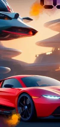 This live wallpaper showcases a fast and furious red sports car passing a futuristic spaceship against a vibrant sky
