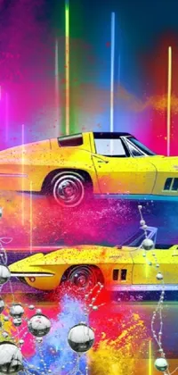 This live wallpaper boasts a triptych design with dueling yellow cars featuring high definition detail