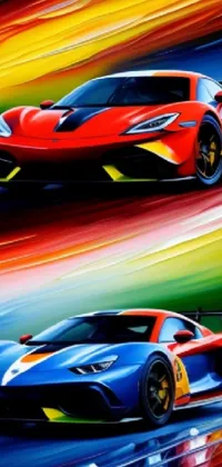 This phone live wallpaper showcases two sports cars racing on a track in a unique neo-fauvism style, inspired by airbrush concept art