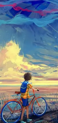 This phone live wallpaper exhibits a stunning painting featuring a person standing next to a bike, against a backdrop of orange and blue sky