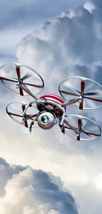 Check out this eye-catching live phone wallpaper featuring a digital rendering of a red and white spherical drone flying through a cloudy sky
