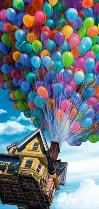 This stunning phone live wallpaper features a colorful house and numerous balloons against a beautiful skyline