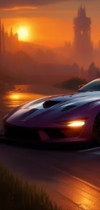 Experience a stunning phone live wallpaper featuring a sleek sports car on a winding road during a breathtaking sunset