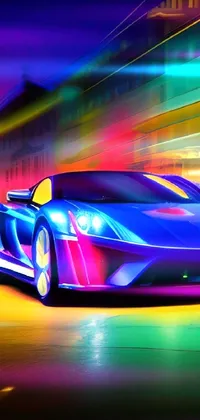 This phone live wallpaper features a beautifully rendered 3D sports car in vibrant neon blue and yellow lights on a city street background