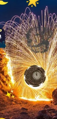 Looking for an eye-catching phone live wallpaper? Check out this clock-in-desert design that'll blow your mind away! This stunning artwork features a clock centerpiece set against a vast desert backdrop, plus a bright firework display that'll brighten your screen