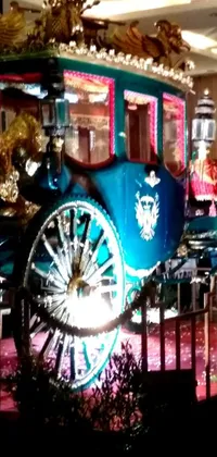 This stunning phone live wallpaper showcases a blue horse-drawn carriage sitting inside an opulent Baroque building